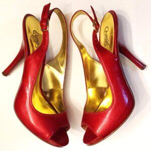 Carlos Santana Slingback Shoes size 8 Red Stiletto Heels Faux Leather Peep Toe